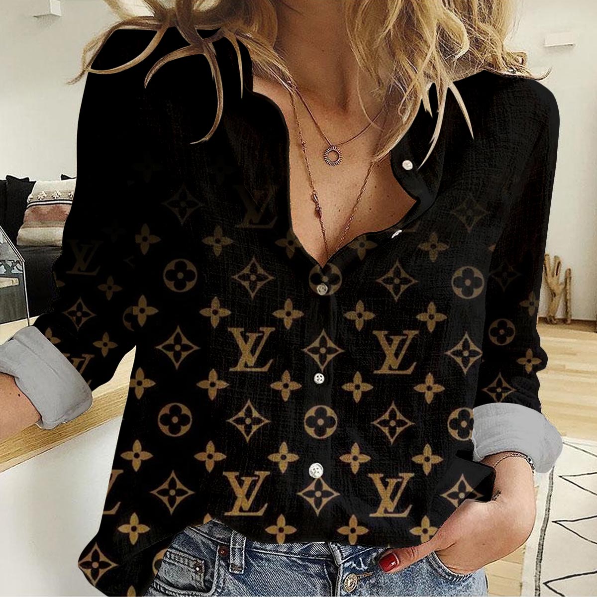 Louis Vuitton Black Light Brown Onthego White Monogram Casual Women Casual Shirt