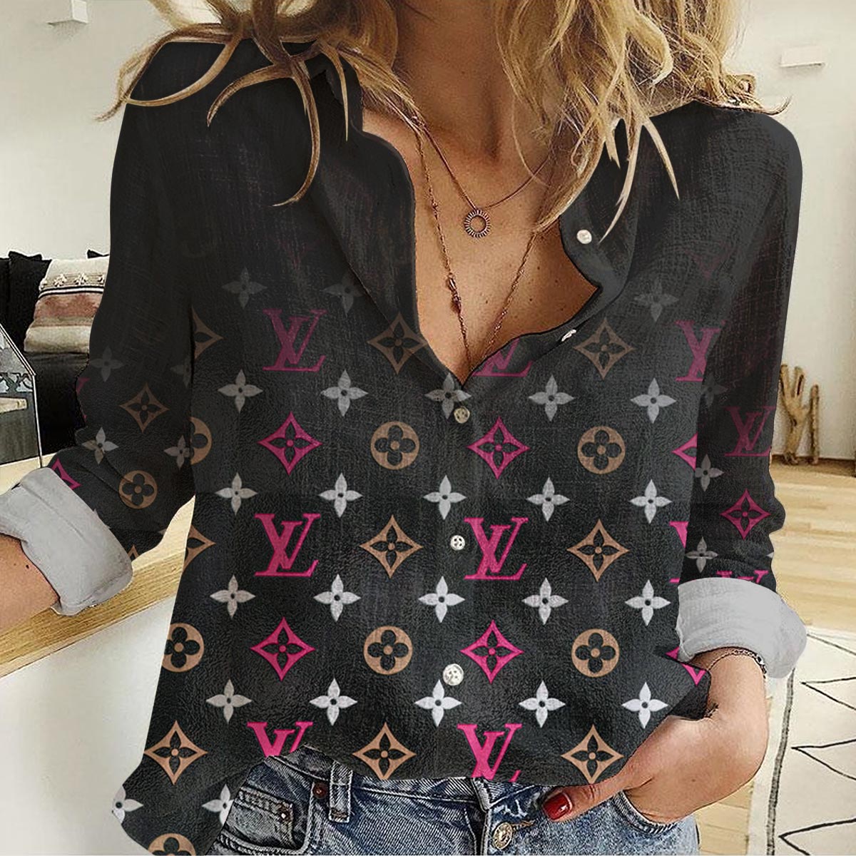 Louis Vuitton Black Pink Onthego Monogram Casual Women Casual Shirt