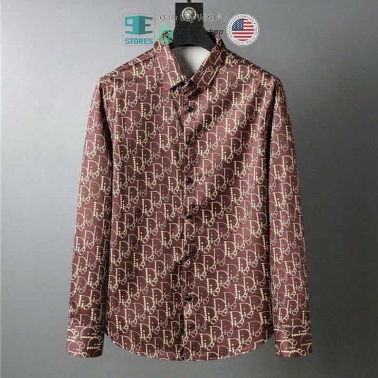 Best Dior Brand Brown Pattern Long Sleeve Button Shirt