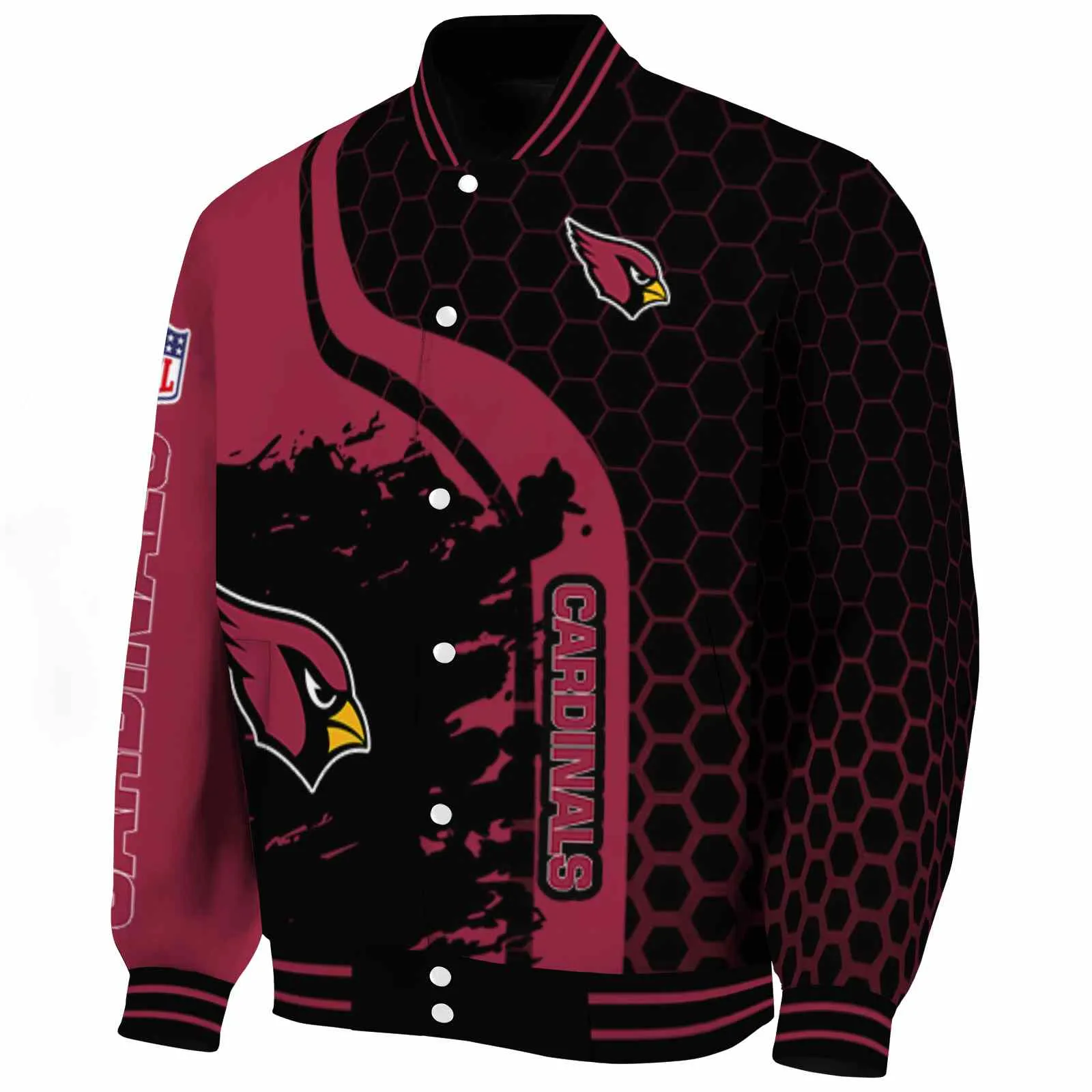 Arizona Cardinals NFL Baseball Jacket Black Hexagonal Pattern Red Black Jacket For Sport Lovers