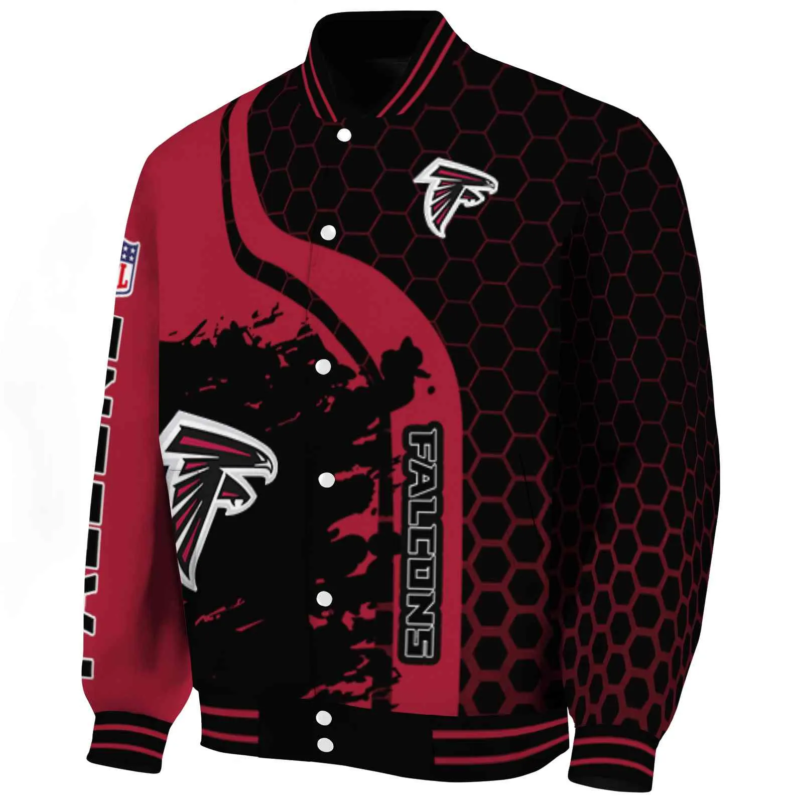 Atlanta Falcons NFL Baseball Jacket Hexagonal Pattern Red Black Jacket For Sport Lovers