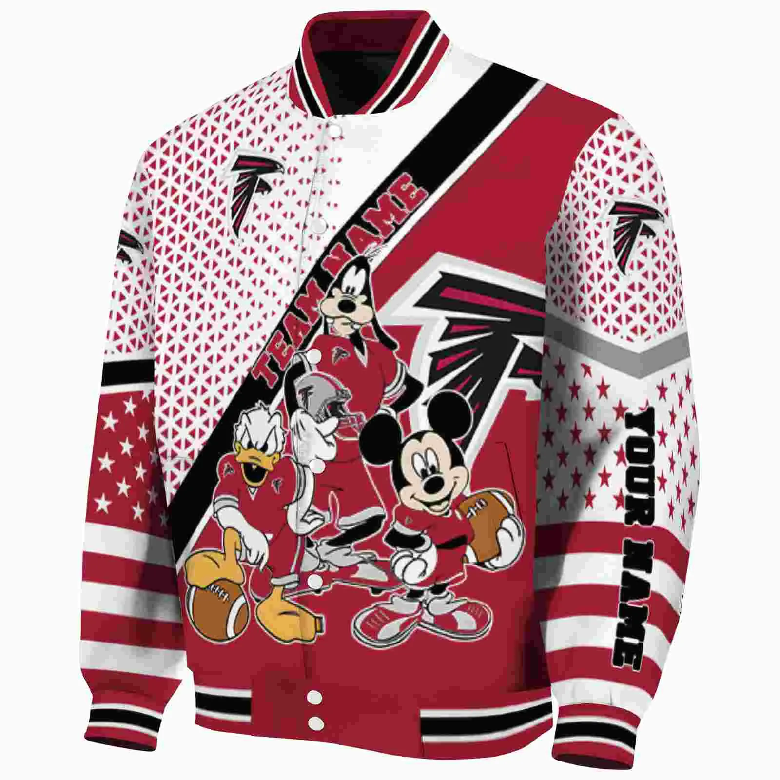 Atlanta Falcons NFL Baseball Jacket Mickey Donald Goofy Red Jacket For Sport Lovers