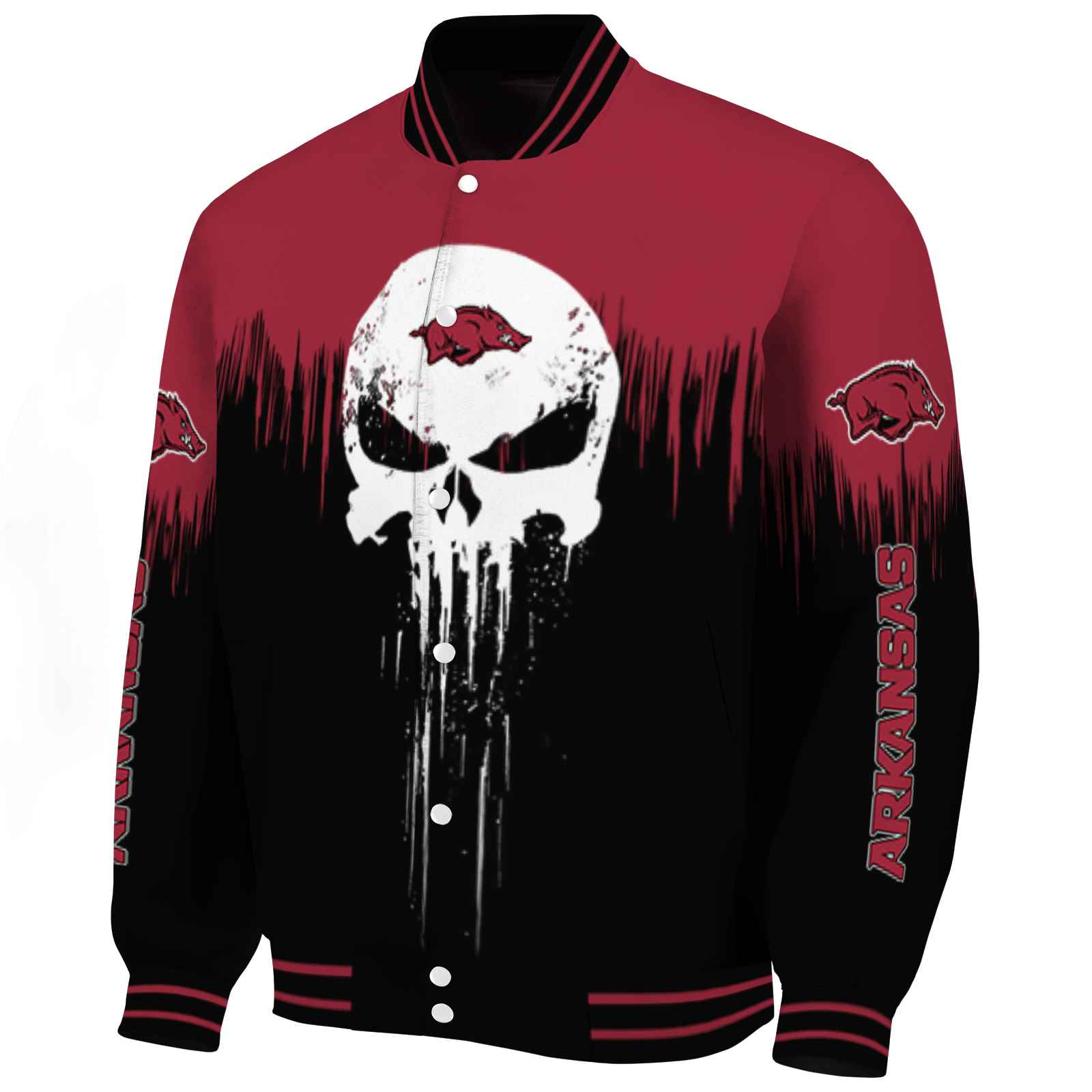Arkansas Razorbacks Punisher Skull Red Black White Varsity Jacket