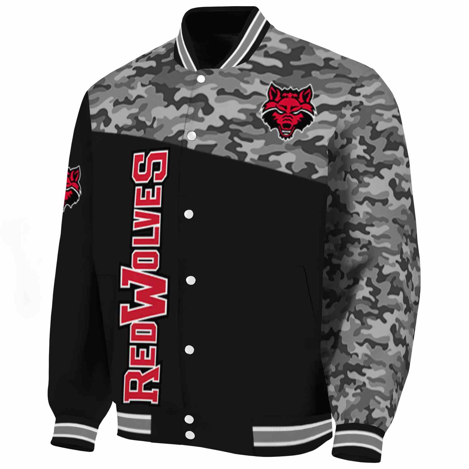 Arkansas State Red Wolves Camo Patchwork Black Varsity Jacket