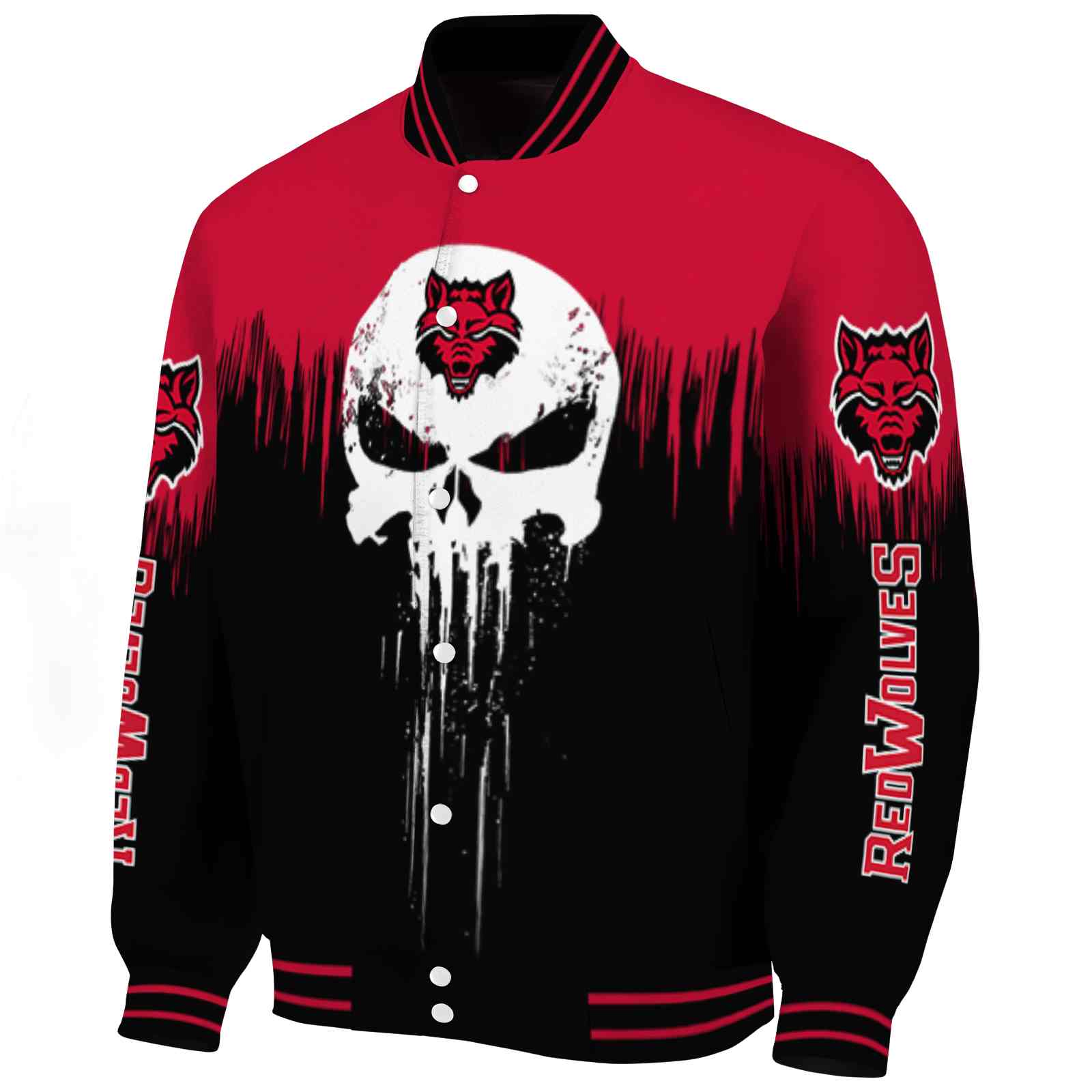 Arkansas State Red Wolves Punisher Skull Scarlet Black White Varsity Jacket