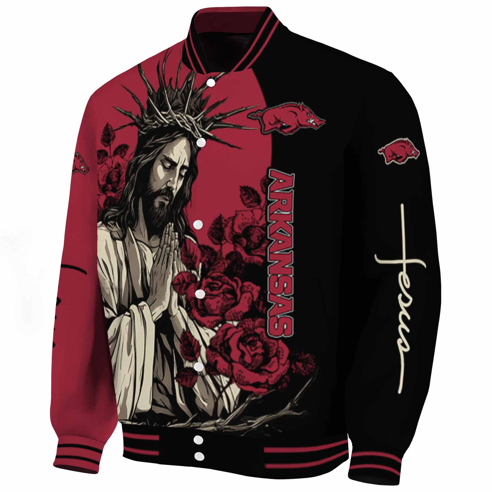 Arkansas Razorbacks Hands In Prayer Red Black Varsity Jacket