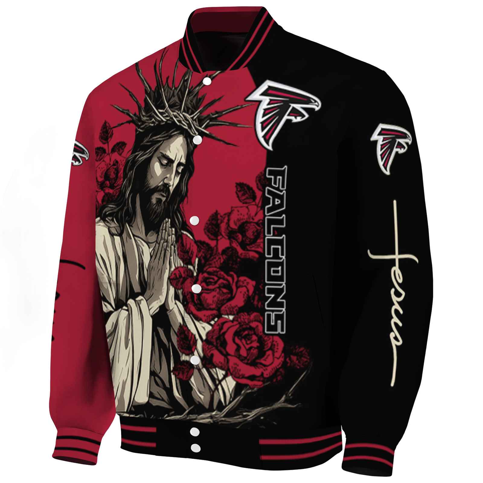 Atlanta Falcons Hands In Prayer Red Black Varsity Jacket