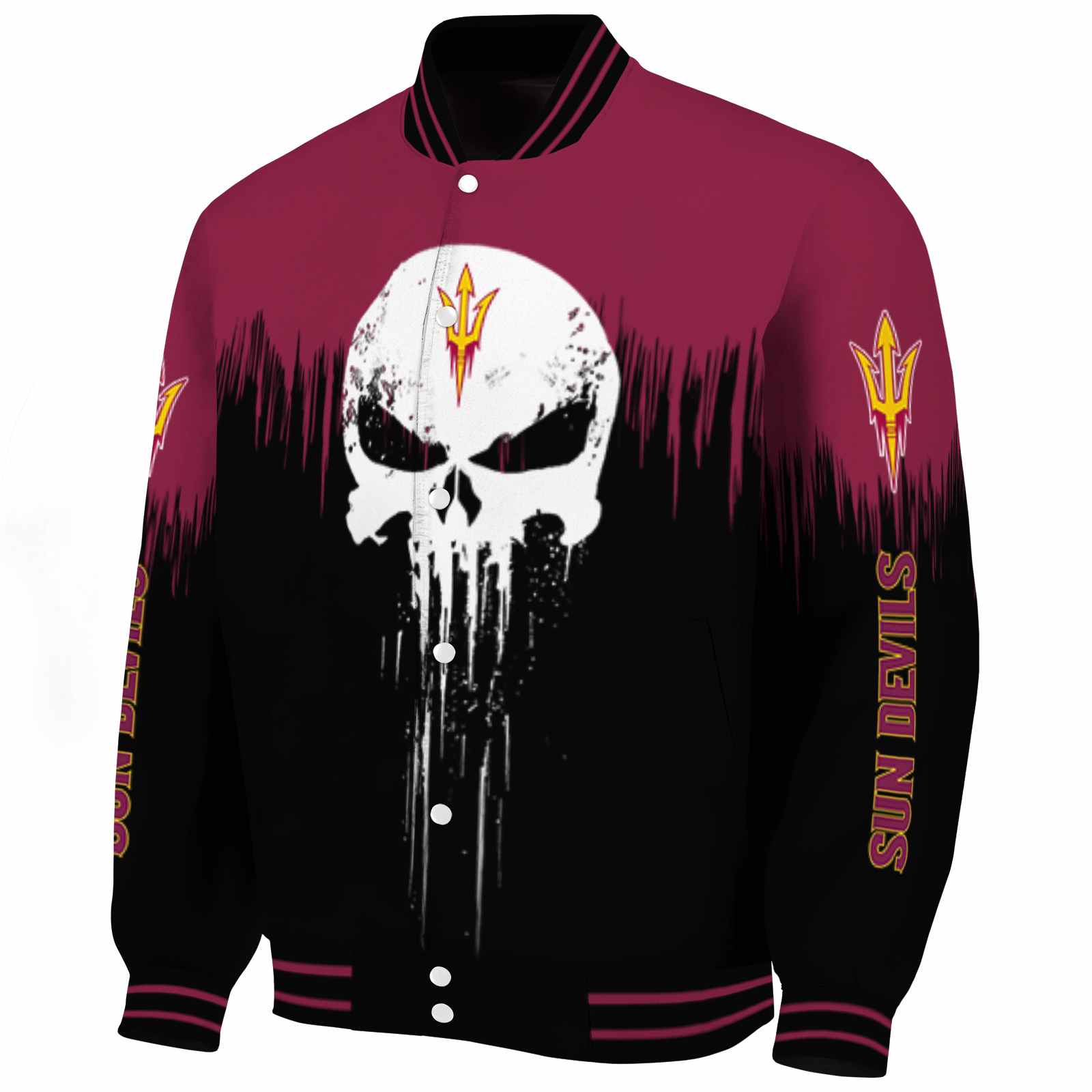 Arizona State Sun Devils Punisher Skull Maroon Black White Varsity Jacket