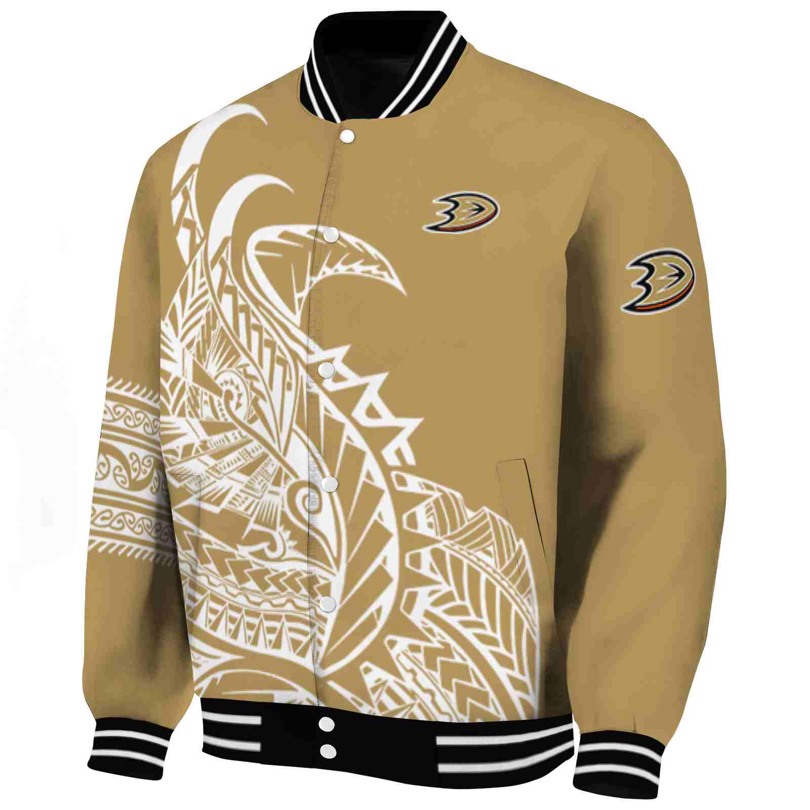 Anaheim Ducks Tribal Art Gold White Black Varsity Jacket