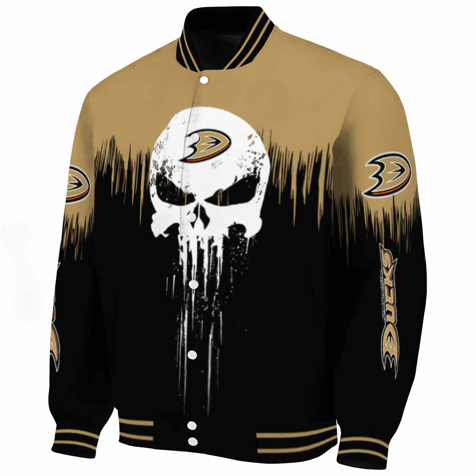 Anaheim Ducks Punisher Skull Gold Black White Varsity Jacket