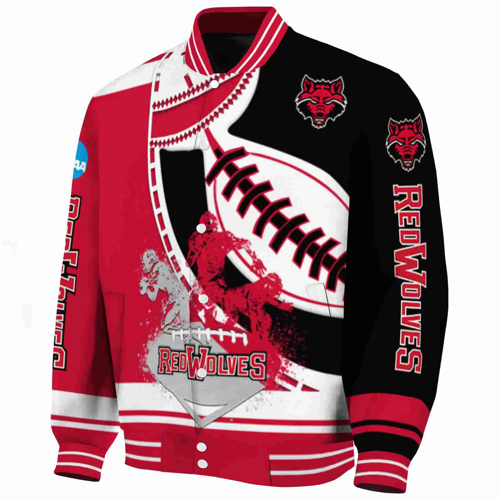 Arkansas State Red Wolves Baseball Stitching Black White Varsity Jacket