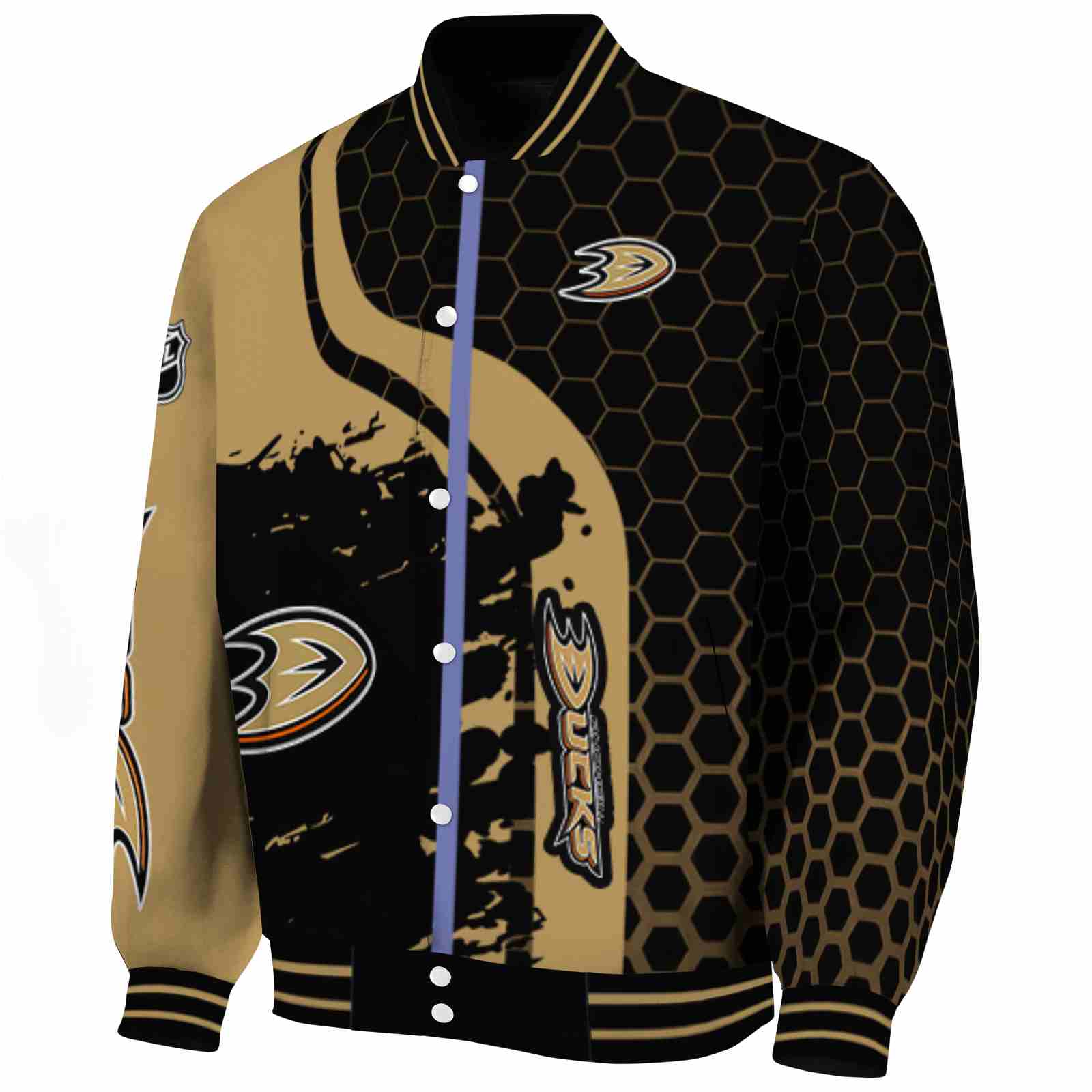 Anaheim Ducks Hexagonal Pattern Gold Black Varsity Jacket