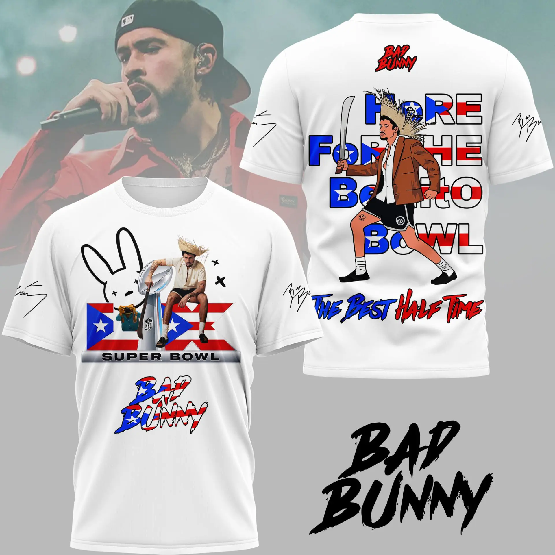Bad Bunny bowwl 2026 LX BDBN 3D Shirt white
