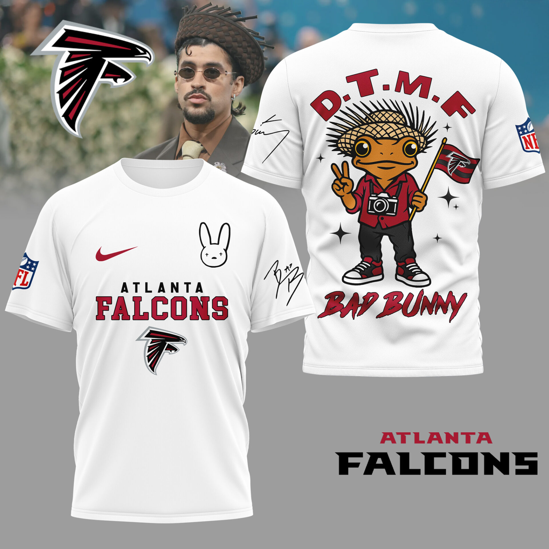 Atlanta Falcons Premium NFL Bad Bunny 3D Shirt White