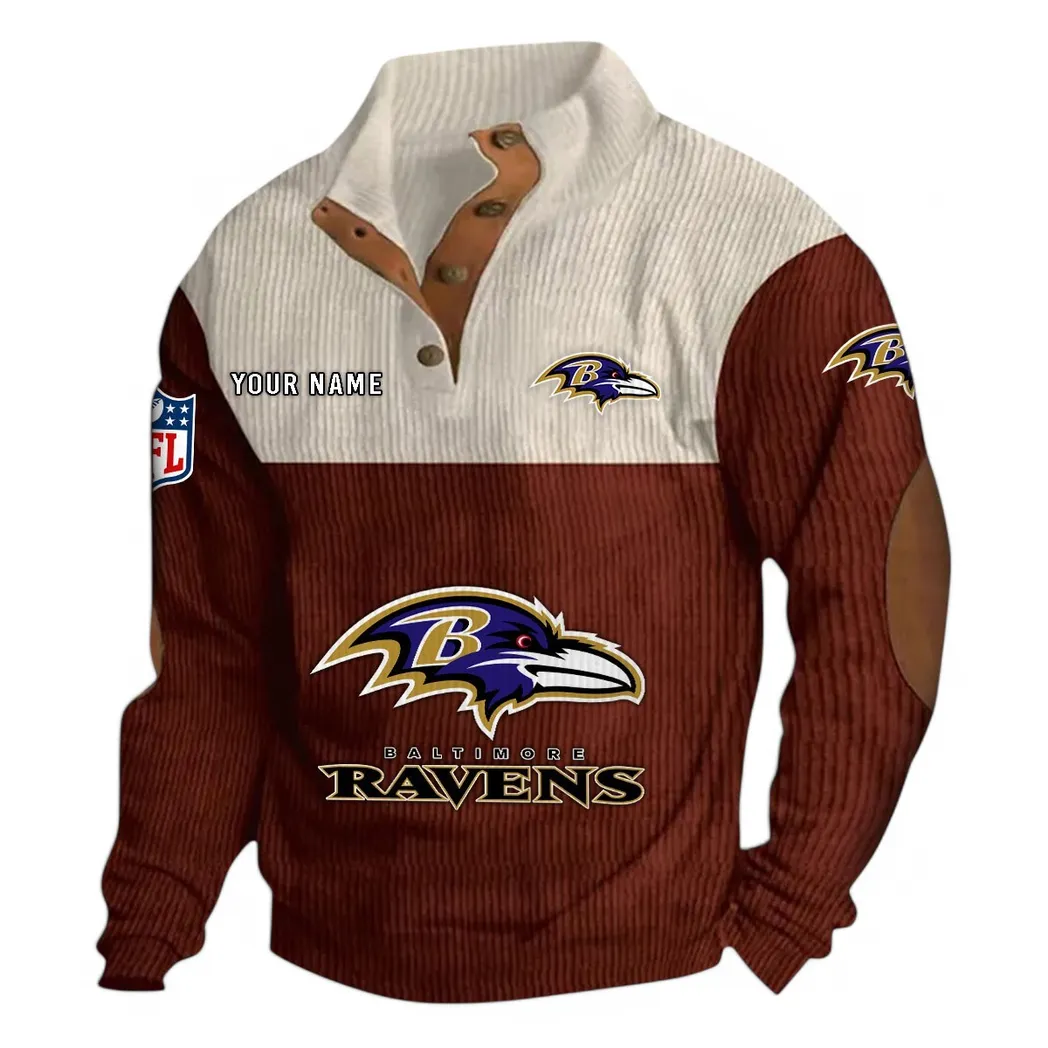 Baltimore Ravens NFL Men's Stand Up Collar Base Shirt Custom Dark Red Athletic Spirit Fan Shirt