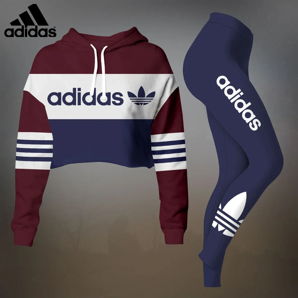 Adidas Womens Cropped Hoodie And Leggings Set  Maroon And Navy Blue Logo Stripe