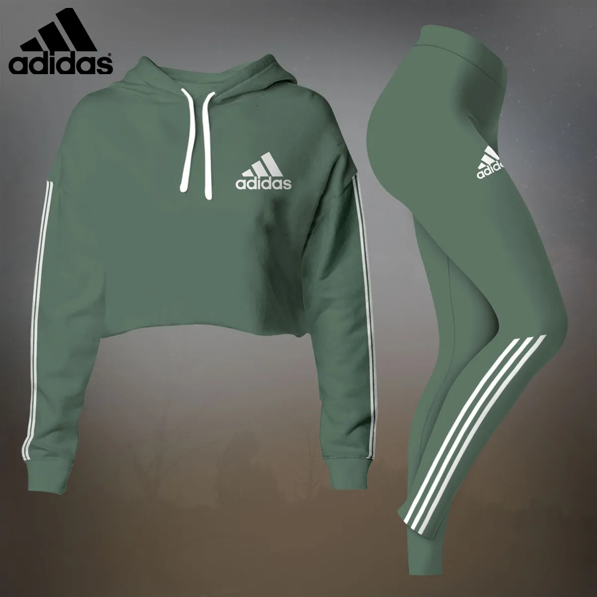Adidas Womens 2-Piece Cropped Hoodie And Leggings Set  Army Green With White Stripes