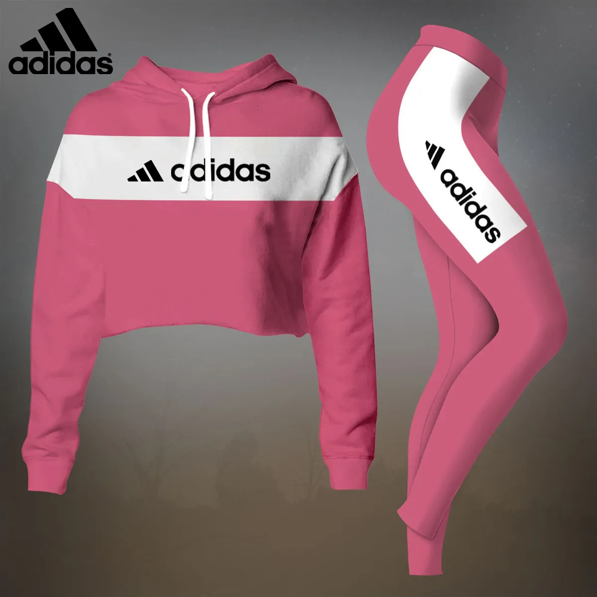 Adidas Womens Cropped Hoodie And Leggings Set  Pink And White Logo Stripe