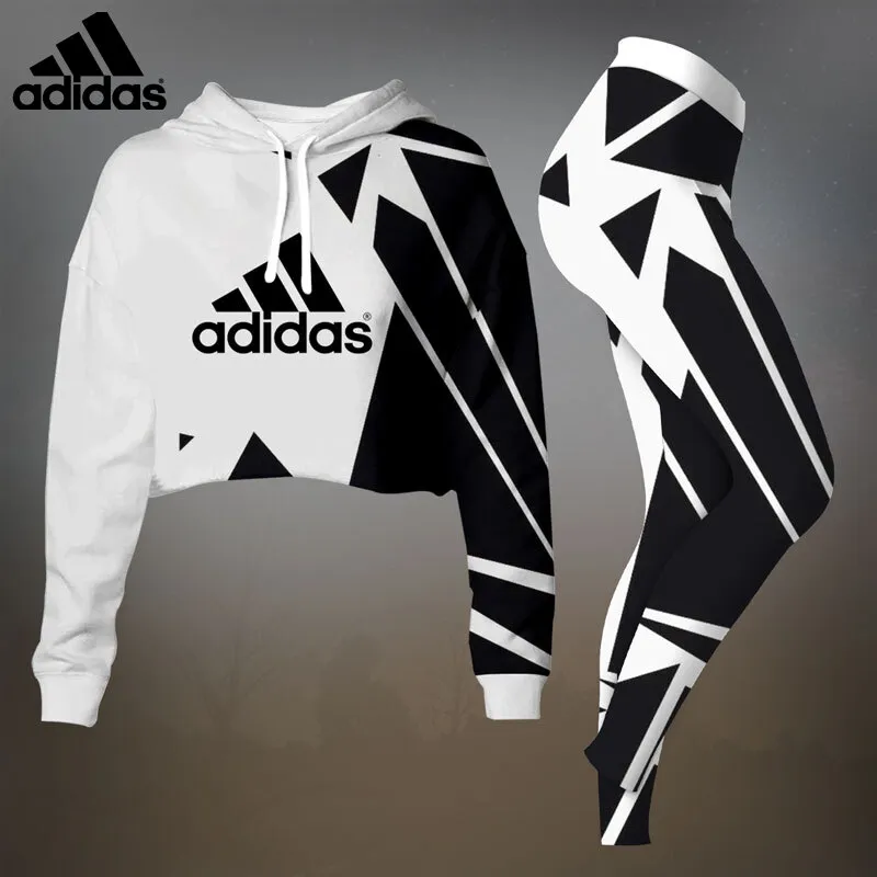 Adidas Womens Cropped Hoodie And Leggings Set  Black And White Geometric Pattern