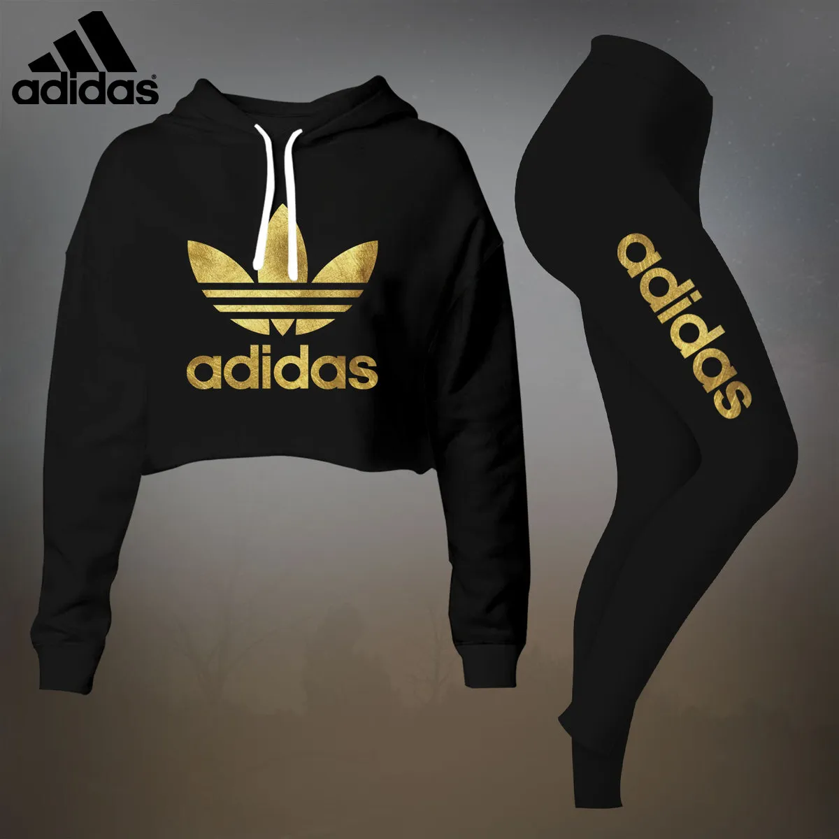 Adidas Black Classic Premium Cropped Hoodie Leggings Set For Women
