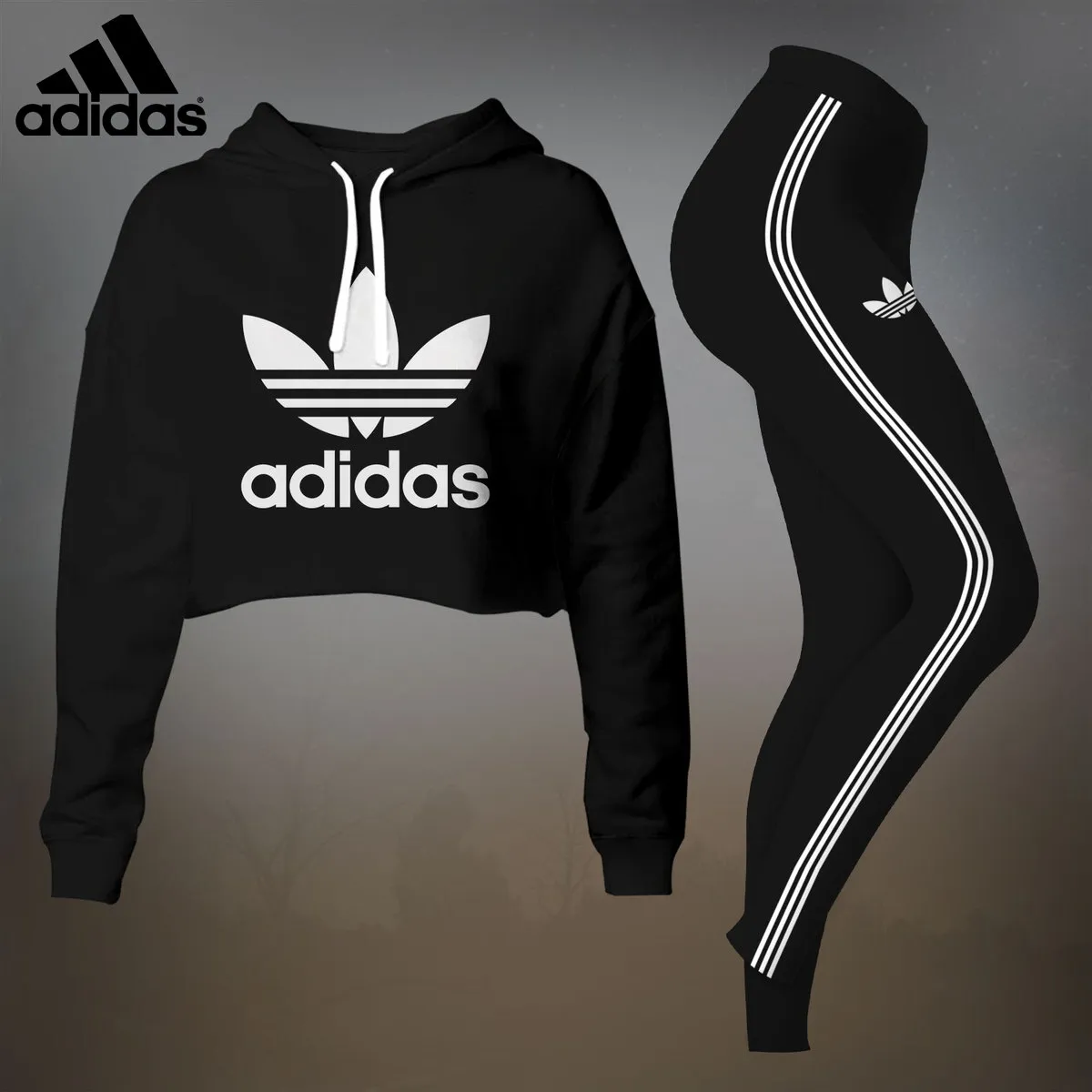 Adidas Big Logo Black Classicpremium Cropped Hoodie Leggings Set For Women