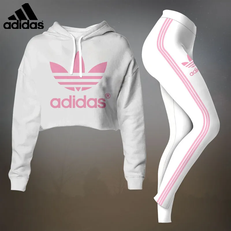 Adidas Womens Cropped Hoodie And Leggings Set  White With Pink Trefoil And Stripes