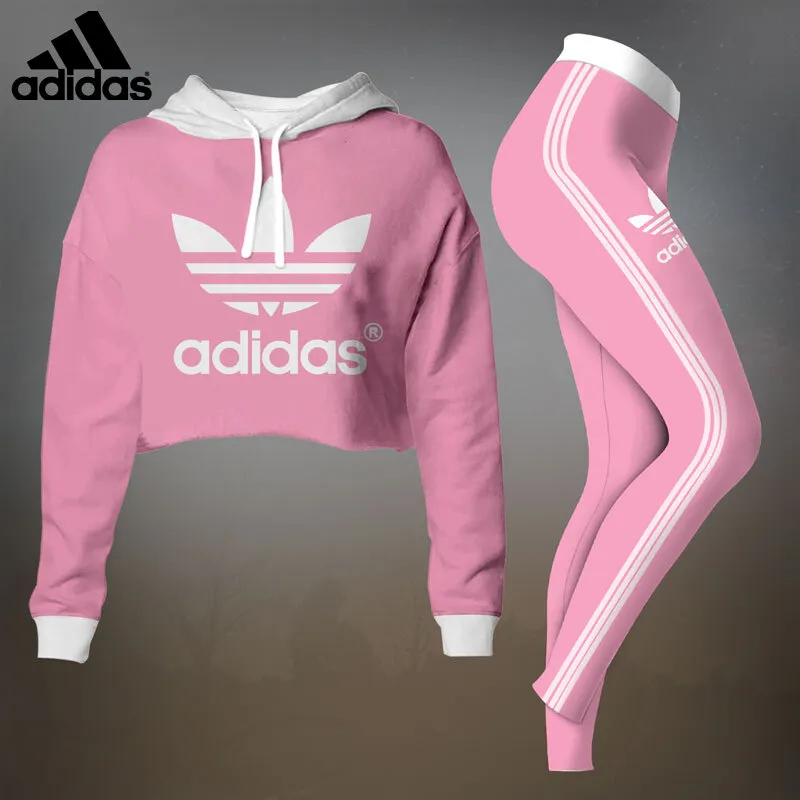 Adidas Womens Cropped Hoodie And Leggings Set  Pink With White Trefoil Logo
