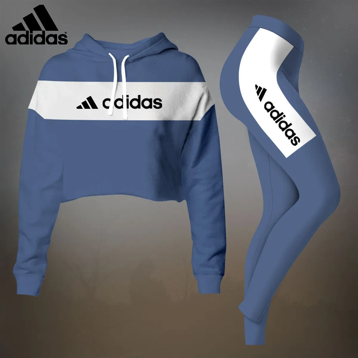 Adidas Womens Cropped Hoodie And Leggings Set  Blue And White Stripe Logo