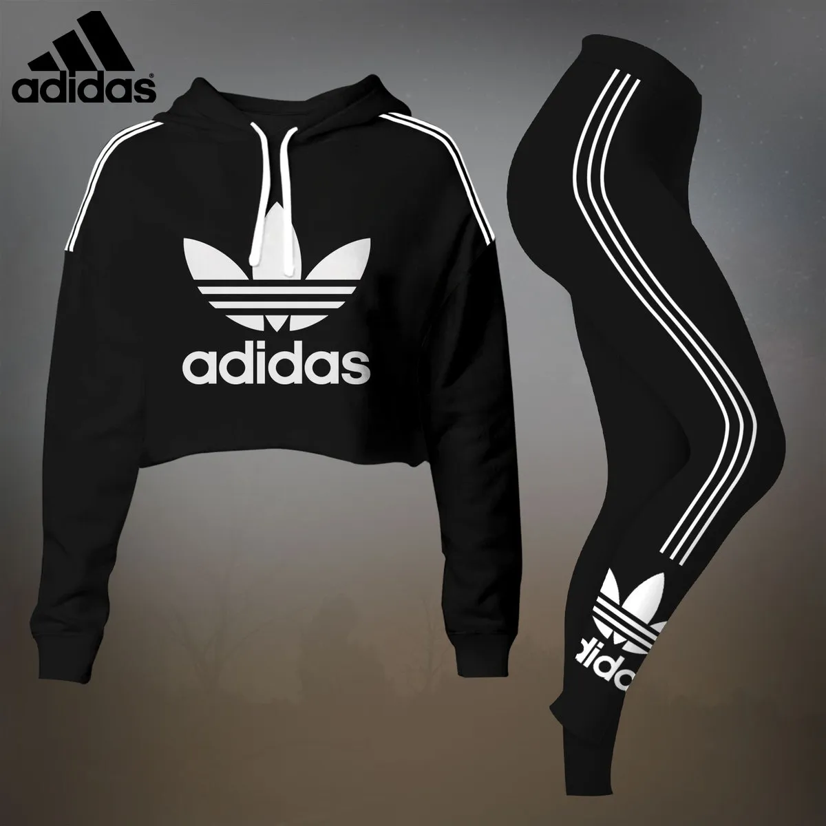 Adidas Womens Cropped Hoodie And Leggings Set  Classic Black And White Trefoil