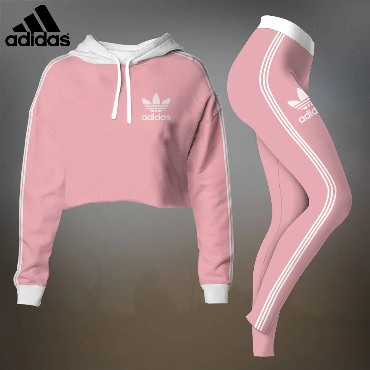 Adidas Womens Cropped Hoodie And Leggings Set  Light Pink With White Trefoil