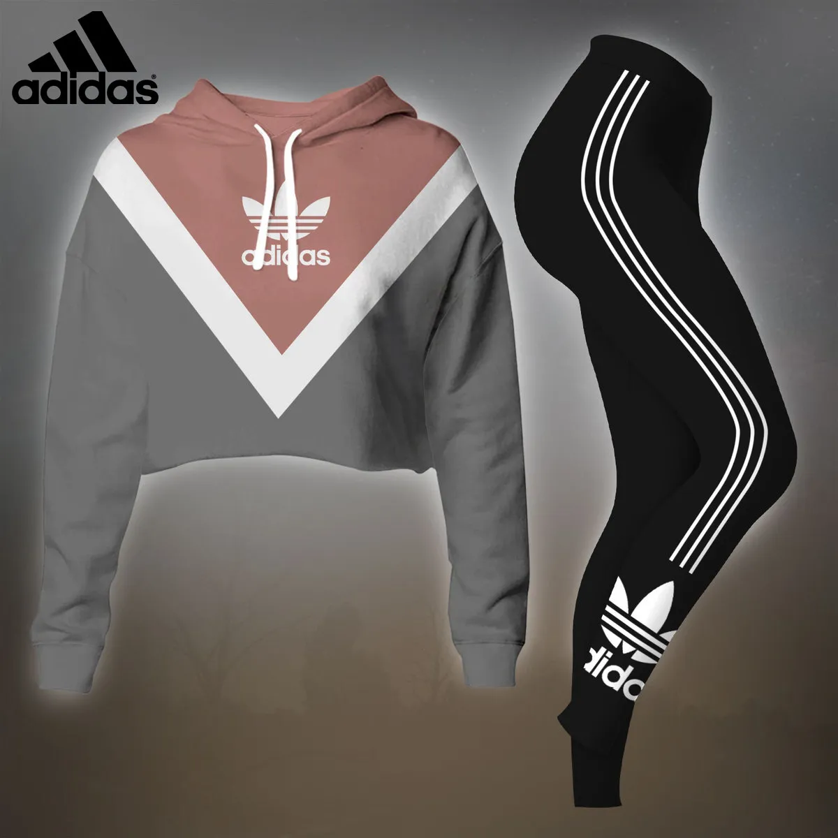 Adidas Womens Cropped Hoodie And Leggings Set  Color Block Brown And Gray