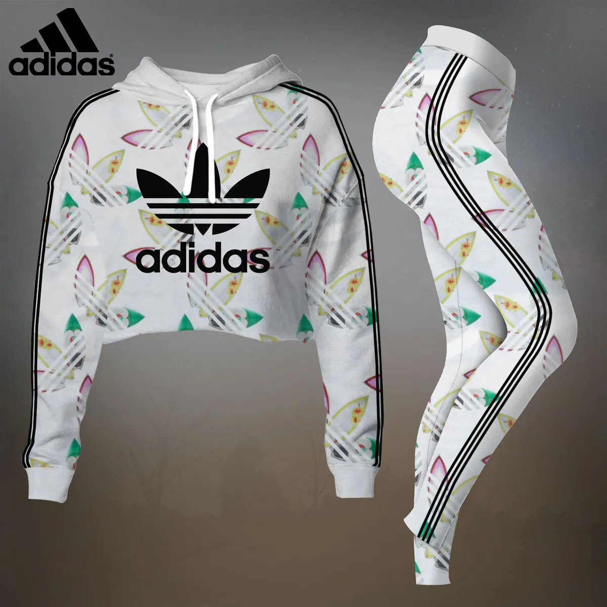 Adidas Womens Cropped Hoodie And Leggings Set  White With Colorful Feather Print