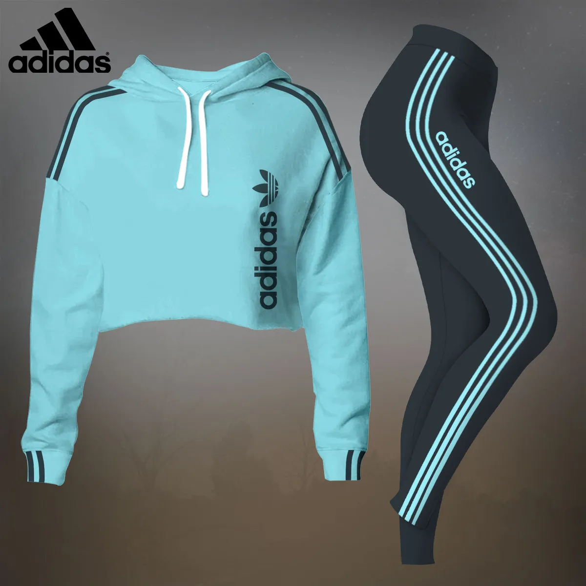 Adidas Womens Cropped Hoodie And Leggings Set  Aqua Blue With Black Stripe Logo