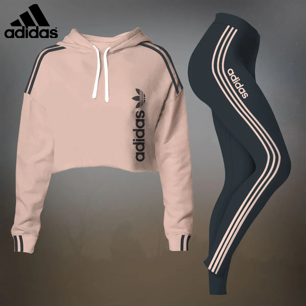 Adidas Womens Cropped Hoodie And Leggings Set  Beige And Black Stripe Logo