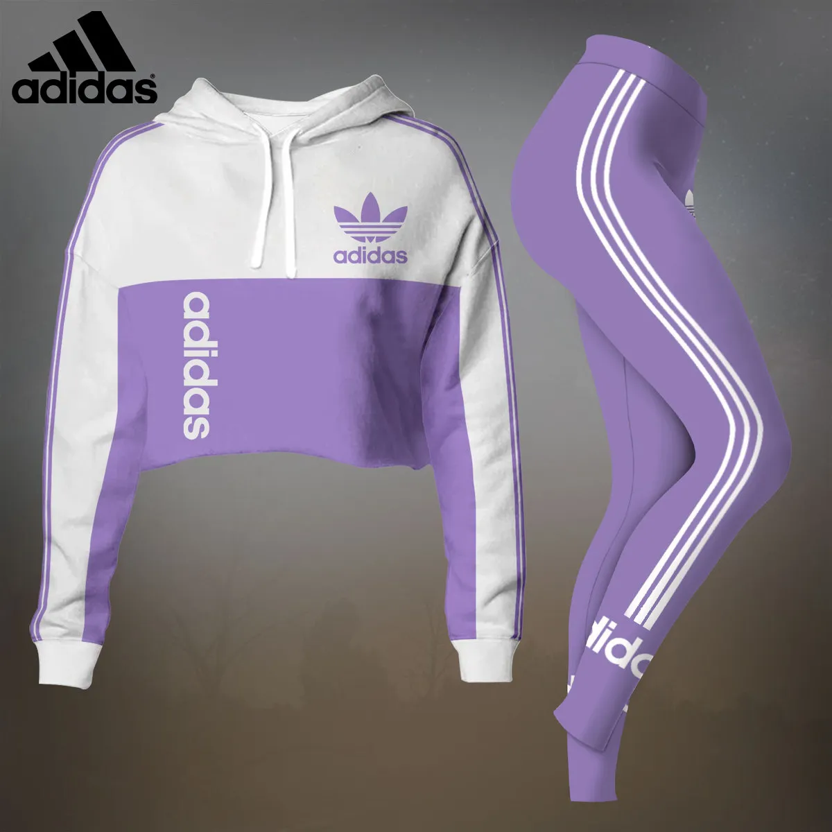 Adidas Womens Cropped Hoodie And Leggings Set  Purple And White Trefoil Logo
