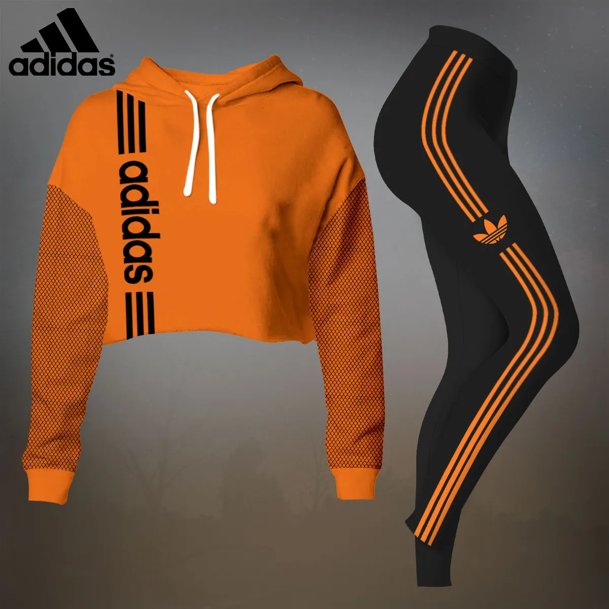 Adidas Womens Cropped Hoodie And Leggings Set  Orange And Black Logo Stripe