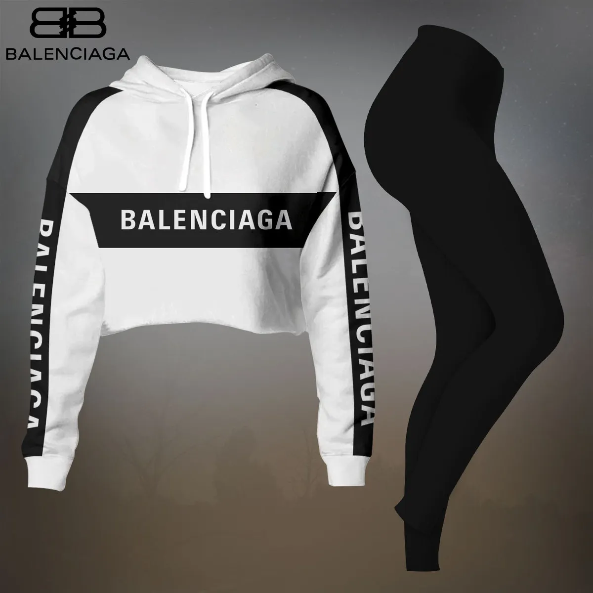 Balenciaga Womens Cropped Hoodie And Leggings Set  Black With White Logo