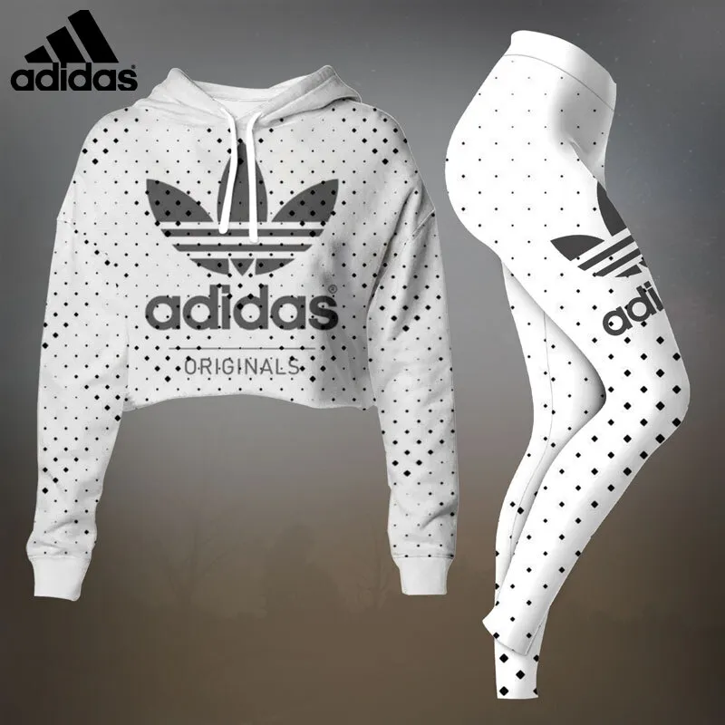 Adidas Womens Cropped Hoodie And Leggings Set  White With Black Feather Pattern Logo