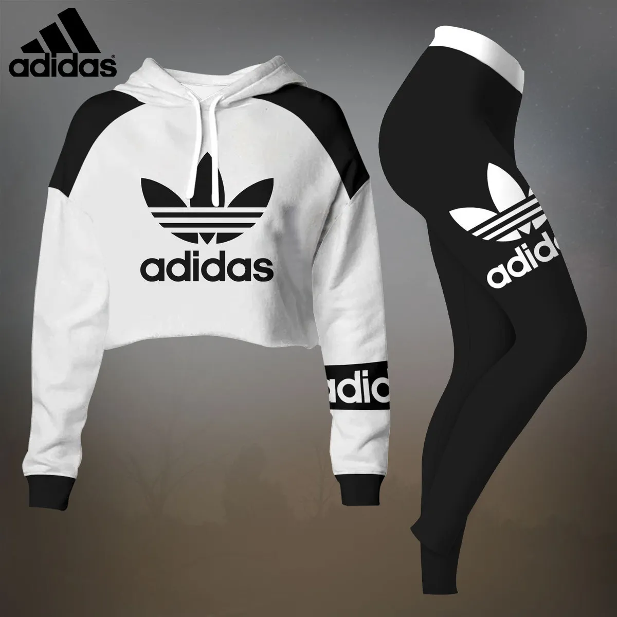 Adidas Womens Cropped Hoodie And Leggings Set  White And Black Color Block Logo