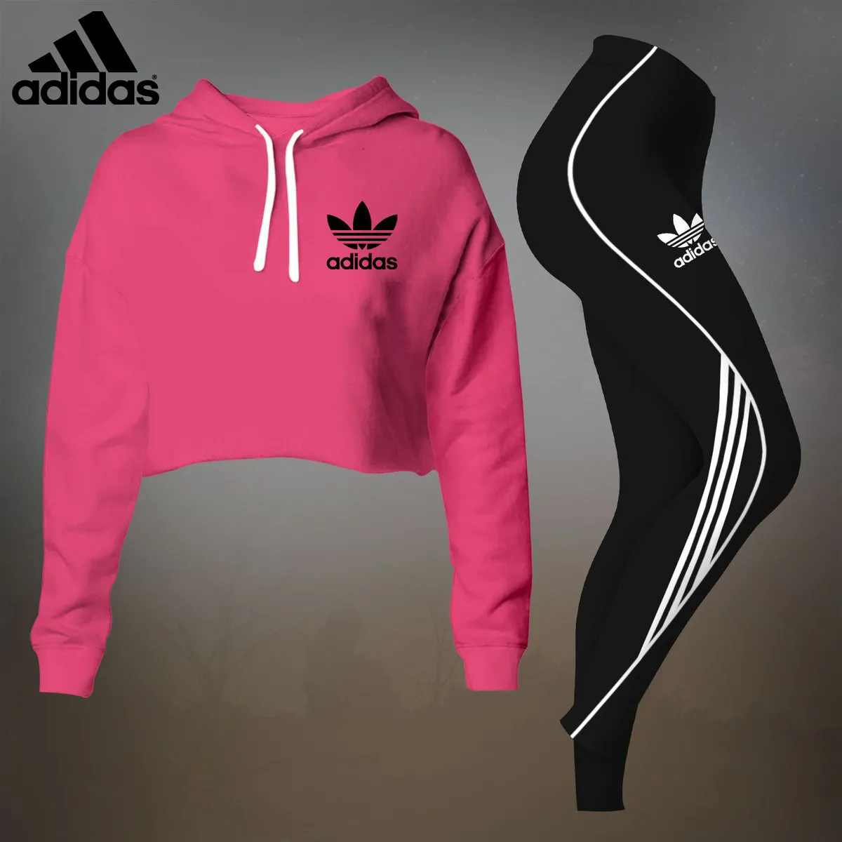 Adidas Womens Cropped Hoodie And Leggings Set  Pink With Black Trefoil Logo