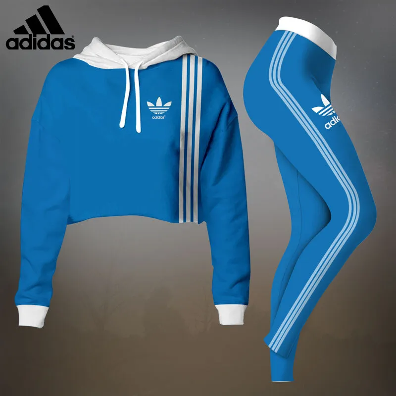 Adidas Womens Cropped Hoodie And Leggings Set  Royal Blue With Light Blue Stripes