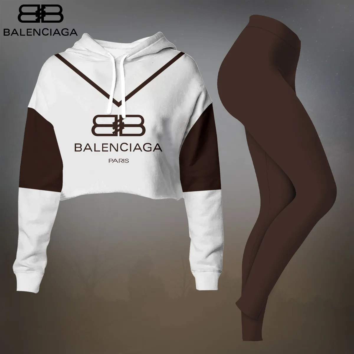 Balenciaga Womens Cropped Hoodie And Leggings Set  Brown And White Color Block Logo