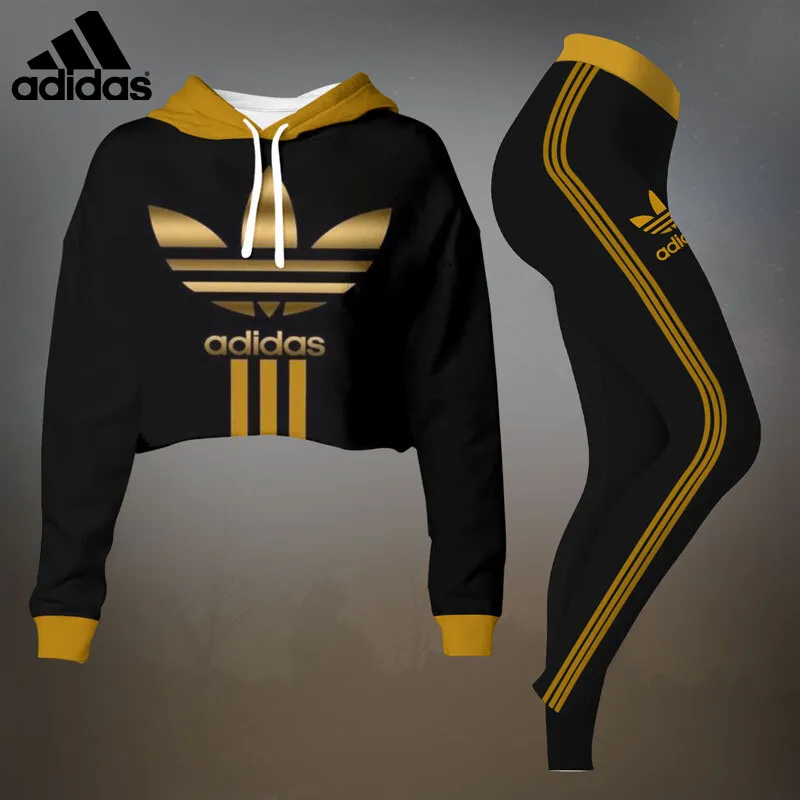 Adidas Womens Cropped Hoodie And Leggings Set  Black And Gold Trefoil Logo