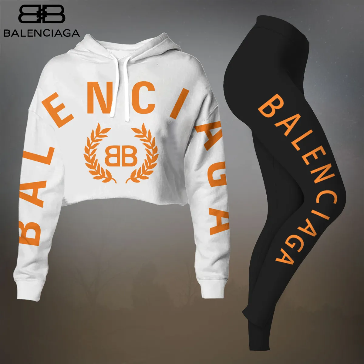 Balenciaga Womens Cropped Hoodie And Leggings Set  White And Orange Color Block Logo