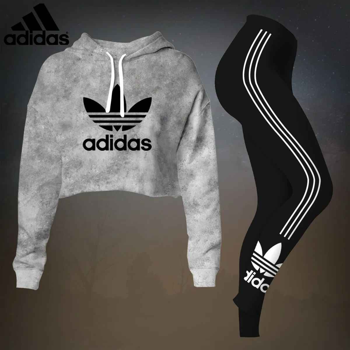 Adidas Womens Cropped Hoodie And Leggings Set  Light Gray With Black Trefoil Logo