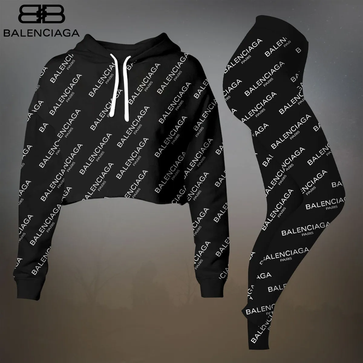Balenciaga Womens Cropped Hoodie And Leggings Set  Black Monogram Print