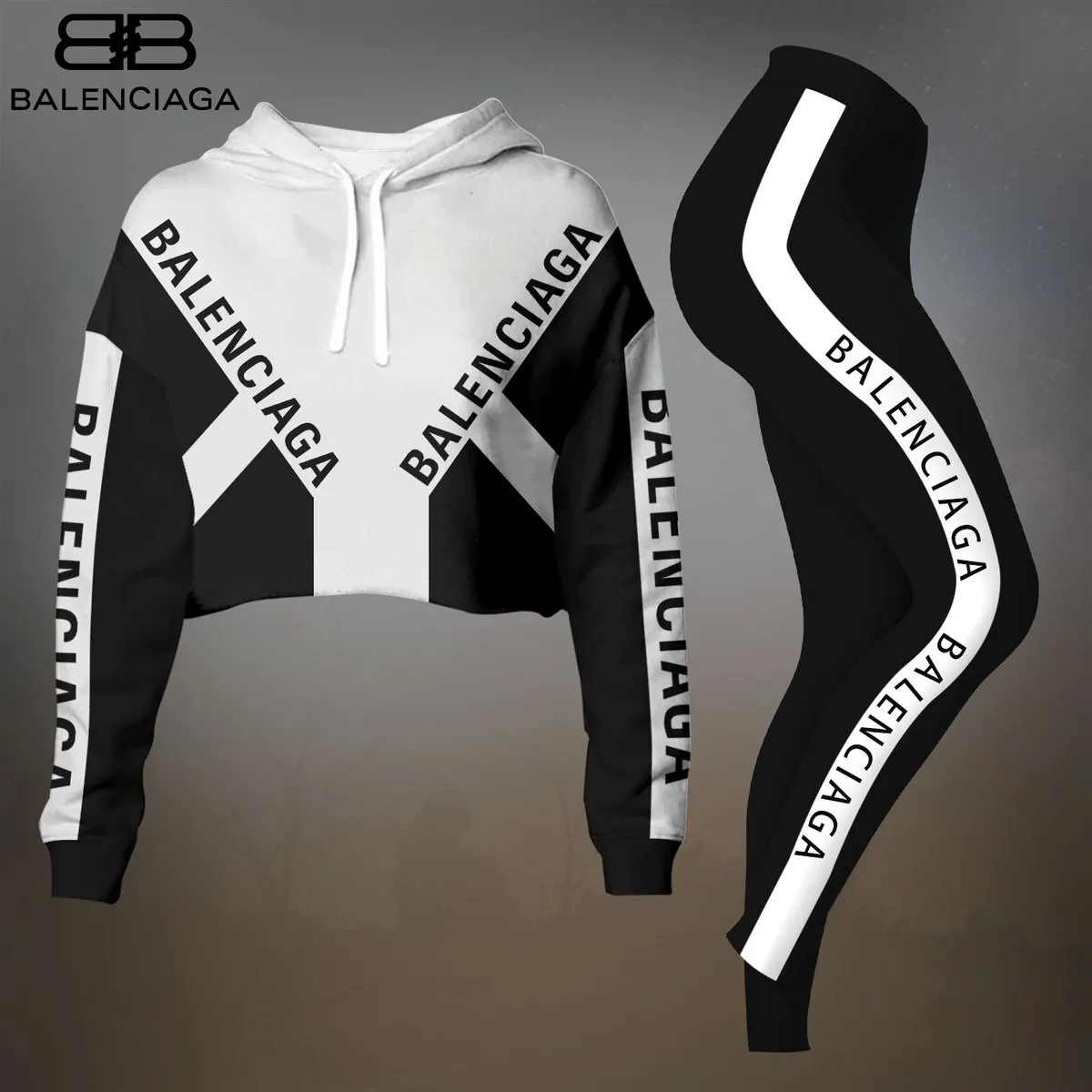Balenciaga Womens Cropped Hoodie And Leggings Set  White With Black X Back Logo