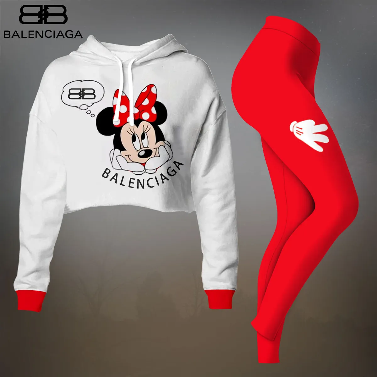 Balenciaga Womens Cropped Hoodie And Leggings Set  White With Red Graphic Logo