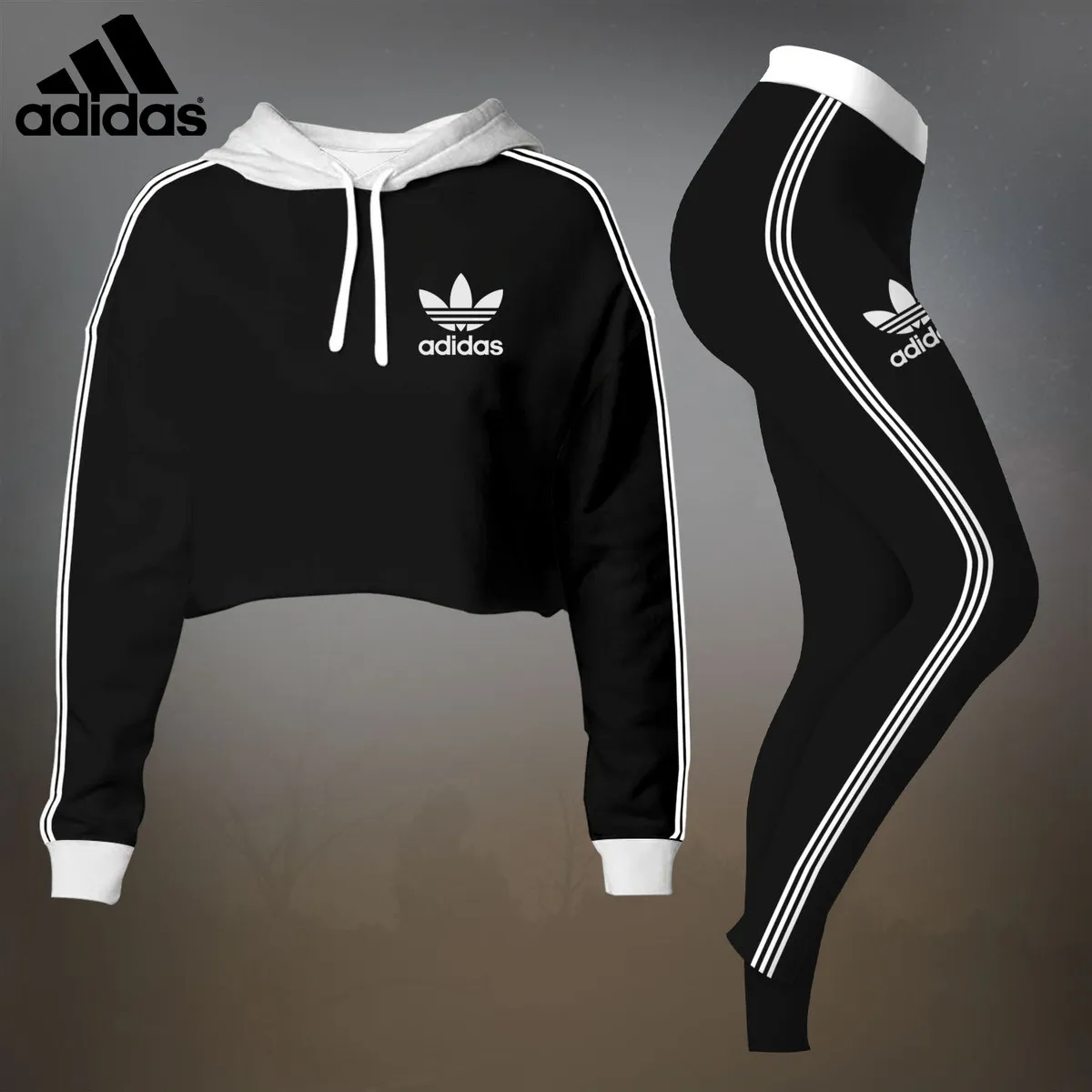 Adidas Womens Cropped Hoodie And Leggings Set  Black With White Stripes Trefoil Logo