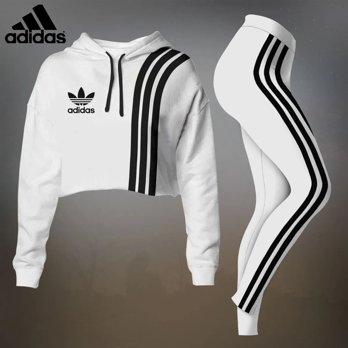 Adidas Womens Cropped Hoodie And Leggings Set  White With Black Stripes Trefoil Logo